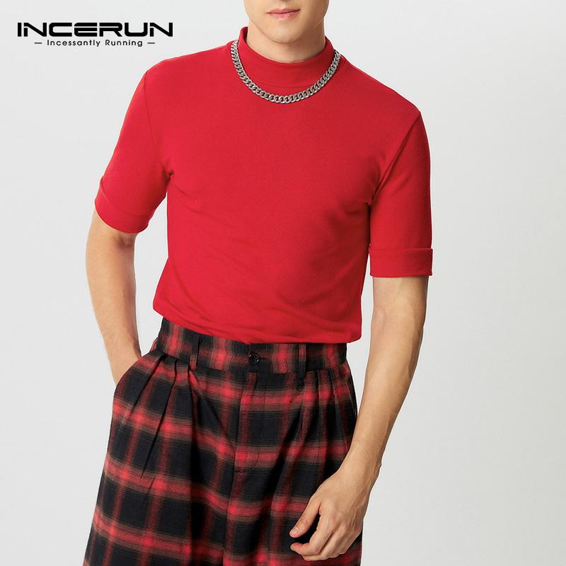 INCERUN Men High Neck Short Sleeve Fitted Casual Undershirts T-shirts Tops