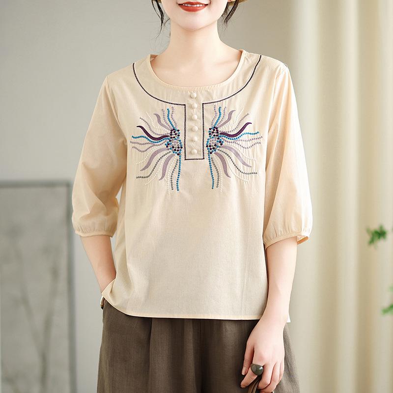 2025 Women s Retro Floral Embroidered Mid-Sleeve Ramie T-Shirt M