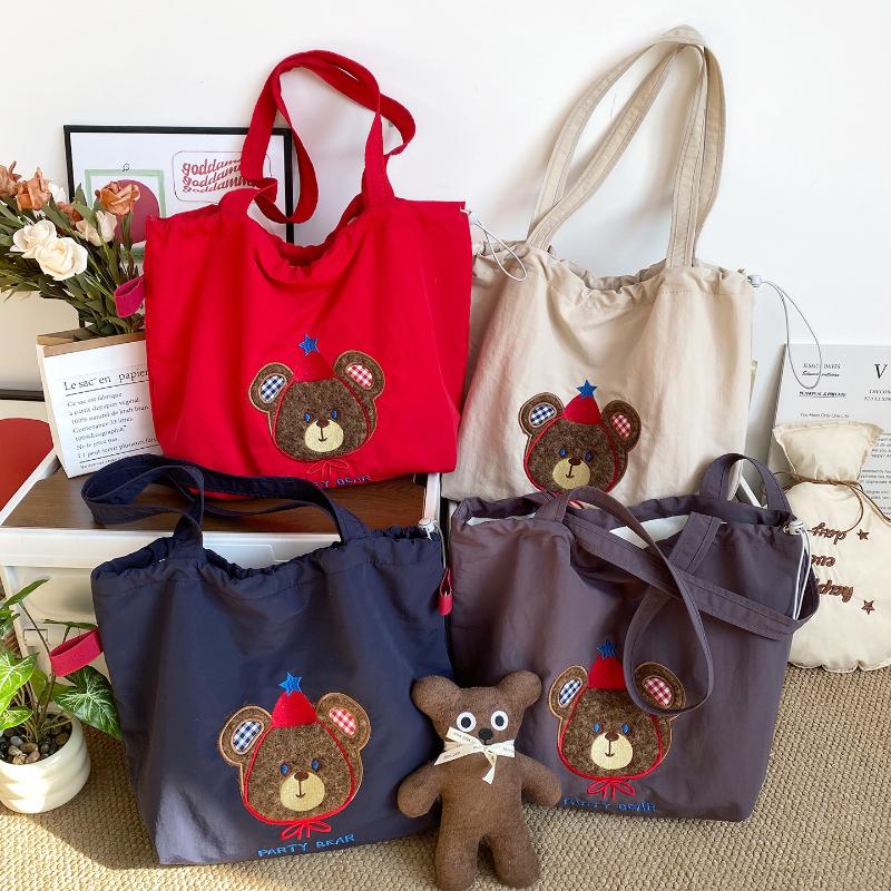 Cute Retro Embroidered Bear Nylon Women's Shoulder Bags Fashion Large Capacity Ladies Handbag Versatile Female Shopping Bag