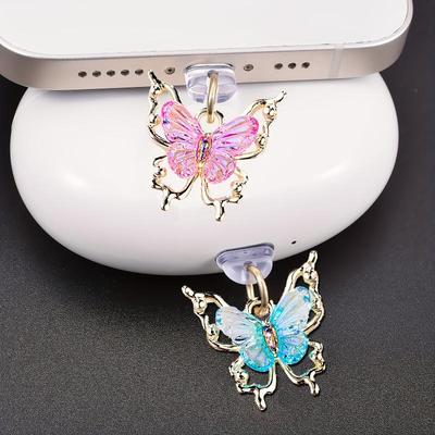 Glitter Butterfly Phone Dust Plug Accessories Decoration Hanging Pendant For Iphone For Samsung Type-C Charging Port