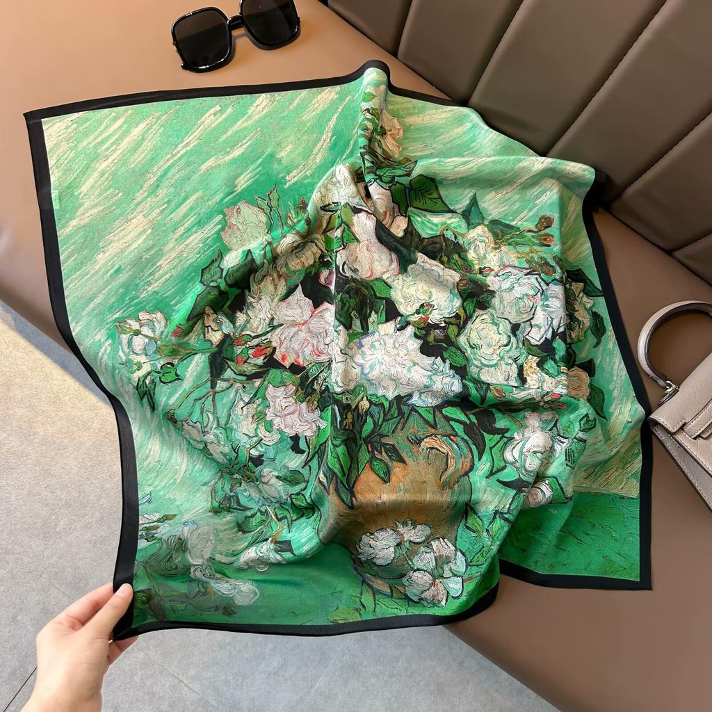 Retro Old Money Wind Silk Double Crepe Silk Scarf Women's Spring and Summer Senior Sense Versatile 100% Mulberry Silk Square Scarf Thin Scarf