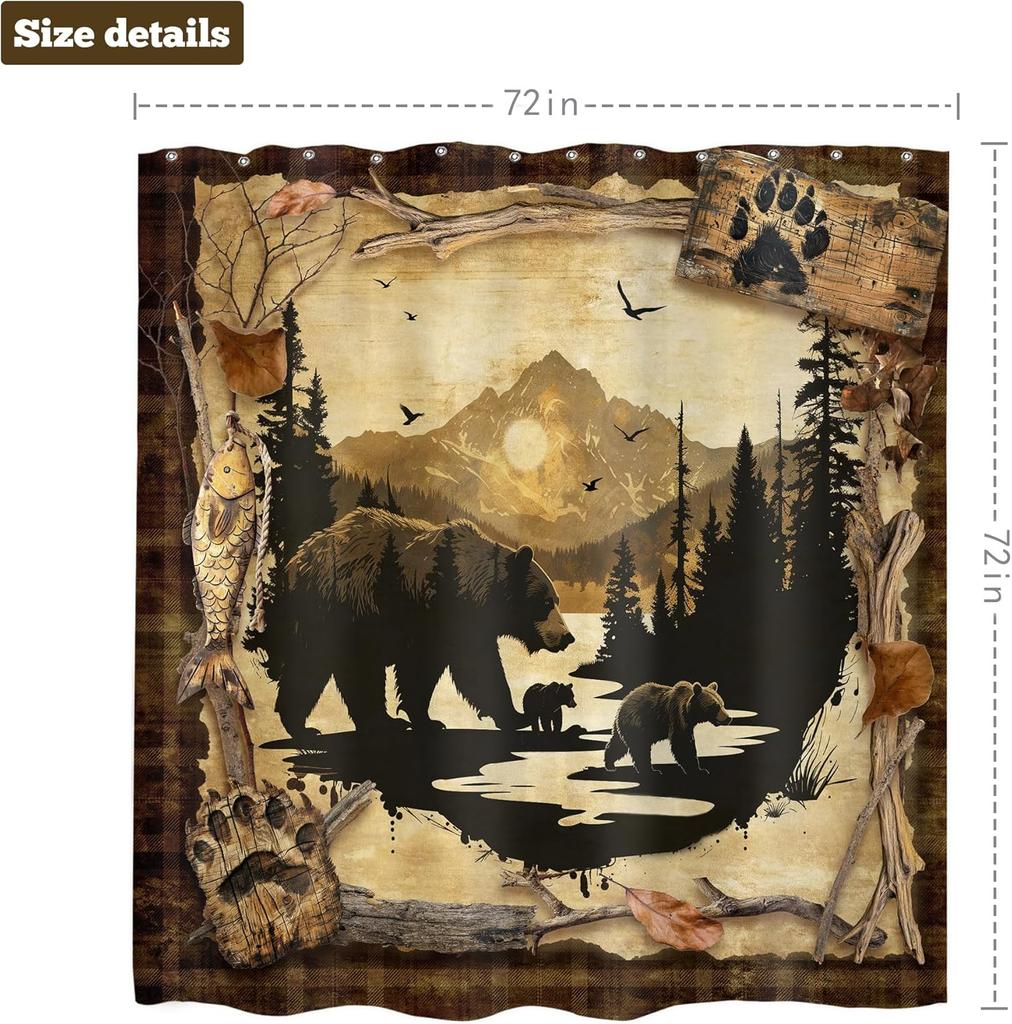 Rustic Bear Cabin Shower Curtain, Western Lodge Mountain Animal Design, Waterproof Polyester With Hooks