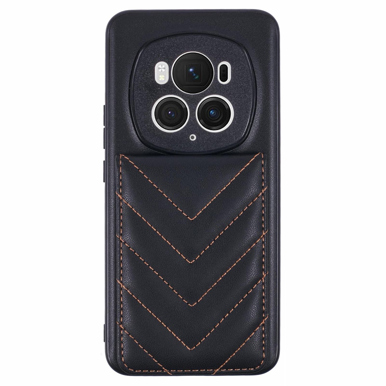 

For Honor Magic6 Pro 5G Phone Case Rhombus Adhesive Card Bag with Kickstand RFID Blocking Black