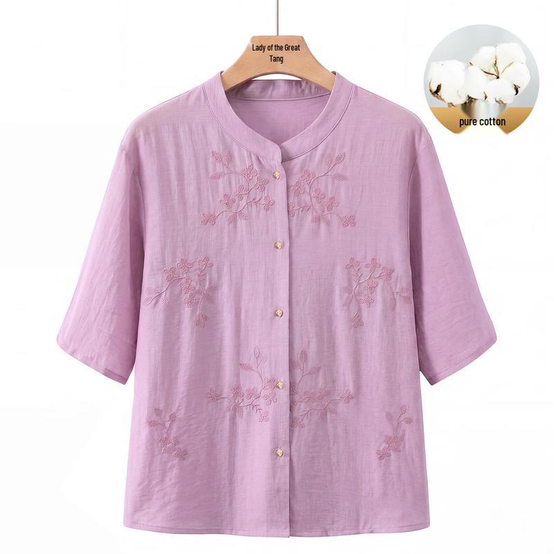 Women s Mid-Aged Embroidered Cotton Half-Sleeve Summer Blouse 2XL