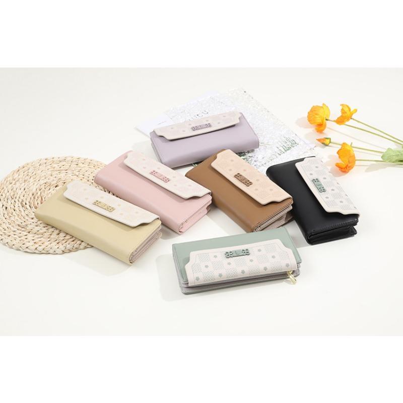 PU Soft Pull Buckle Flower Folding Women's Long Wallet