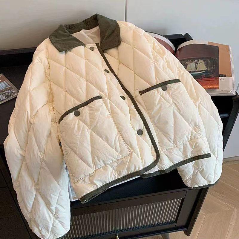 Korean-Style Fragrant Wind Cotton-Padded Jacket: Color-Block Diamond Pattern, Turn-Down Collar, Winter Coat 2025