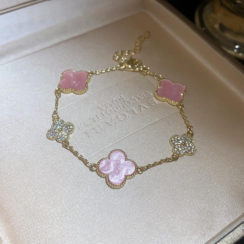 Hand Circumference 20cm Pink Fritillary Four-leaf Clover Bracelet Women's 18K Gold Niche Light Luxury