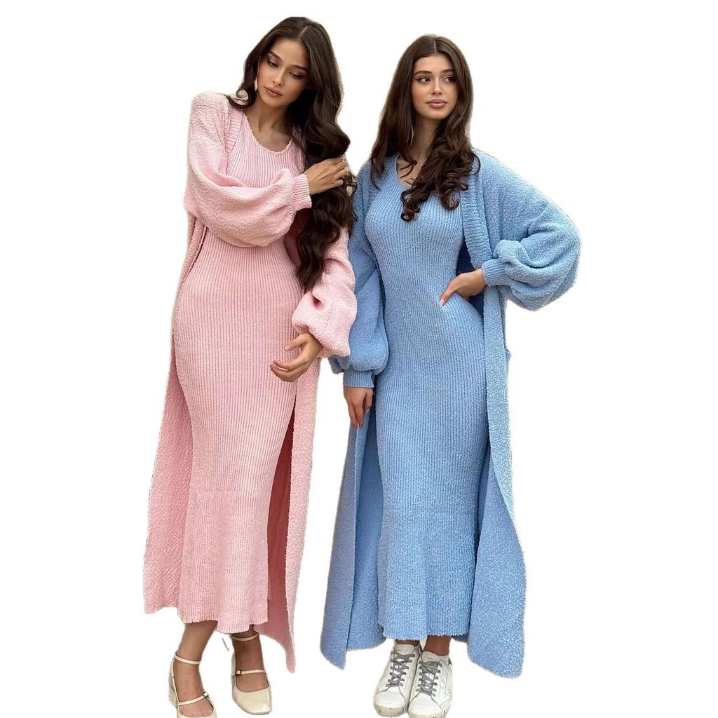 2025 Herbst Damen Europäisches & Amerikanisches Strick Bodycon Kleid & Lässiges Cardigan Set