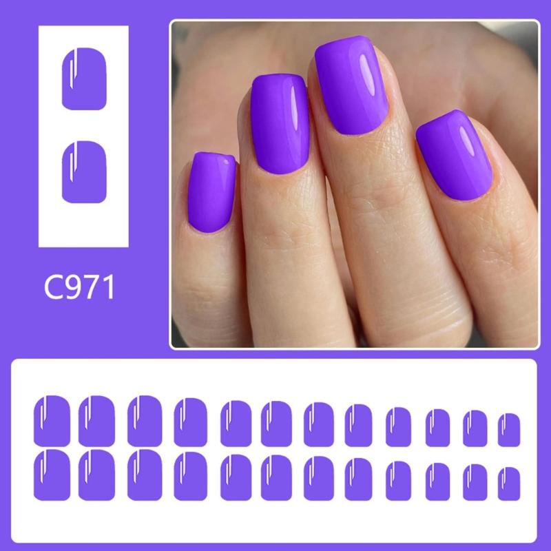 24 Pcs Purple Full Cover Stick On Nail Solid Color Press On Nail Reusable Artificial Nail Short Square False Nail