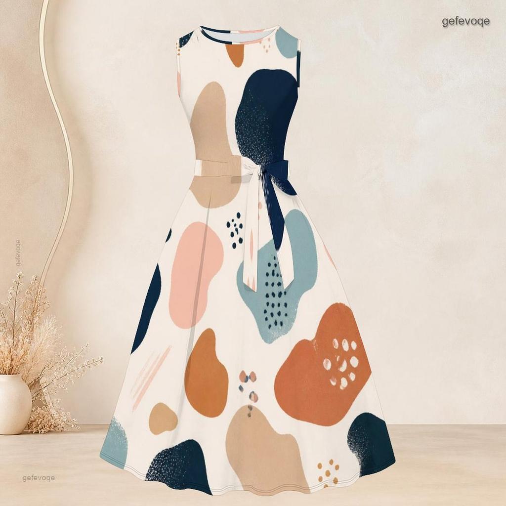 Women Plus Size Two Piece Set Printed 3 4 Sleeve Open Cardigan Sleeveless Round Neck Tie Waist Flared Dress