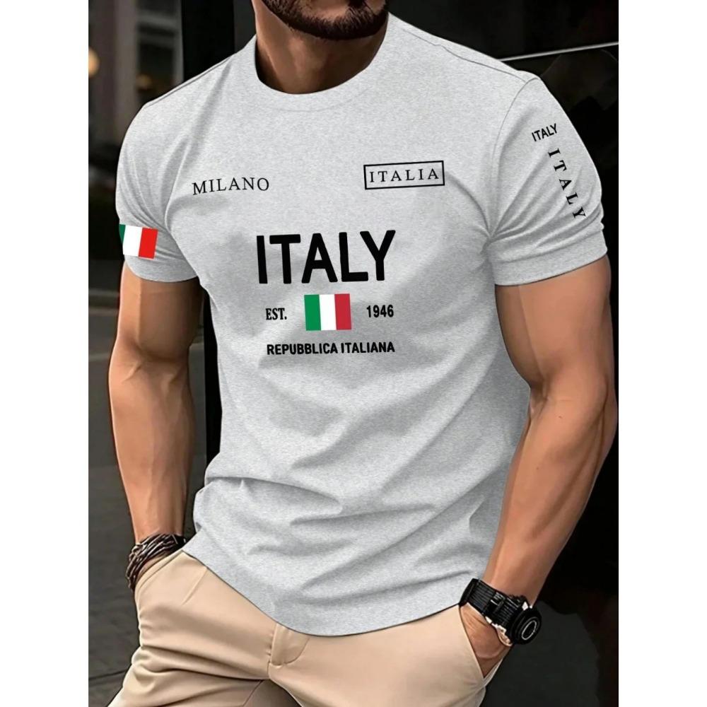 T-shirt estiva da uomo europea e americana con stampa di lettere di Milano, morbida e traspirante, girocollo, top casual da esterno urbano