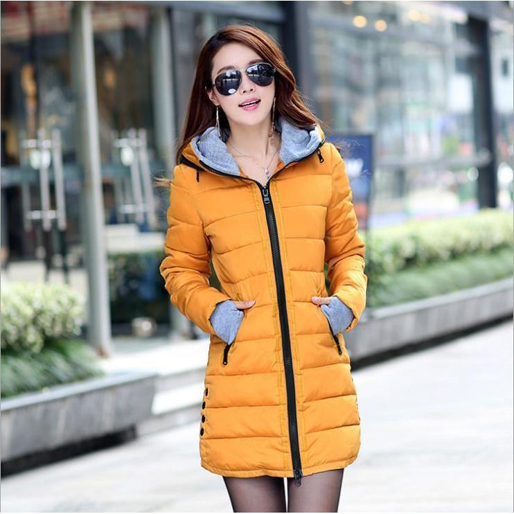 Premium Women Winter Jacket Solid Color Down Coat With Hooded Slim Long Design