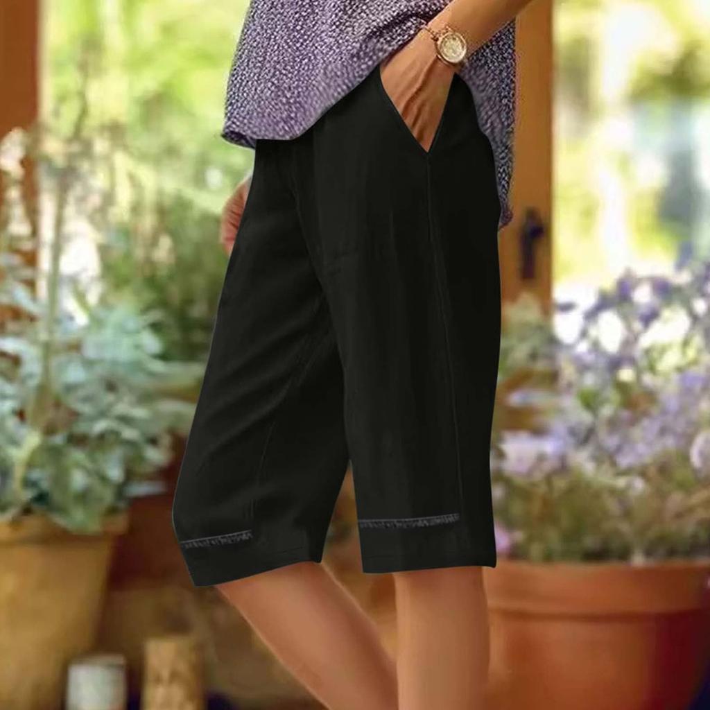 Women's Casual Loose Pocket Cotton Linen Elastomer Casual Pants Knee-length Pants