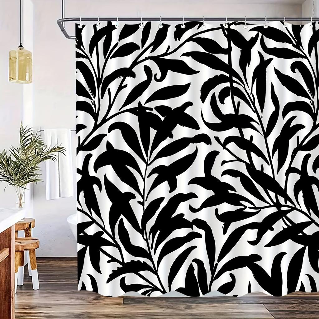 1pc Simple modern black and white printed shower curtain, polyester fabric, machine washable, suitable for bathroom decoration