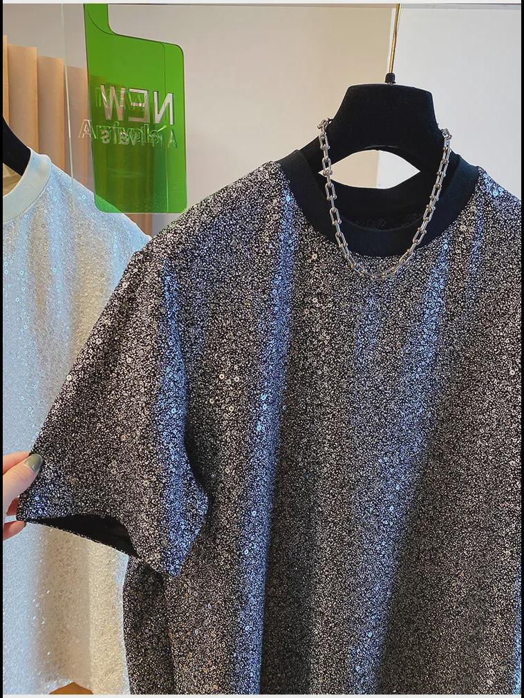 Camiseta Chic de Lentejuelas de Seda para Hombre 2024 - Diseño Europeo de Manga Corta y Corte Holgado