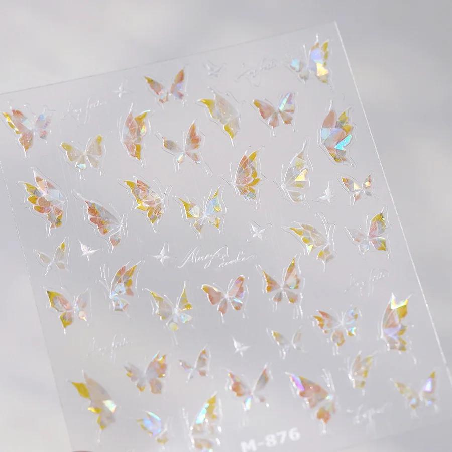 Gradient White Pink Butterfly Flower Shiny Stars Chic Spring Petal 5D Soft Adhesive Nail Art Stickers Decorations Manicure Decal