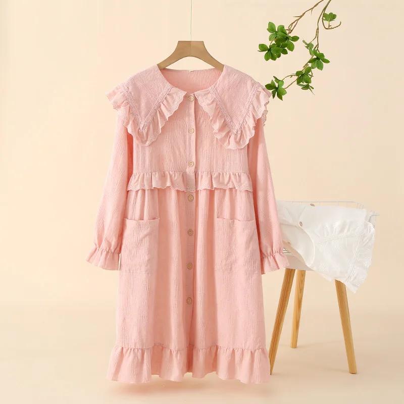 New Spring and Summer Women's Long Dress 100% Cotton Sleeping Dress Long Sleeve Loose Cute Baby Neck Home Dress Sleepwear