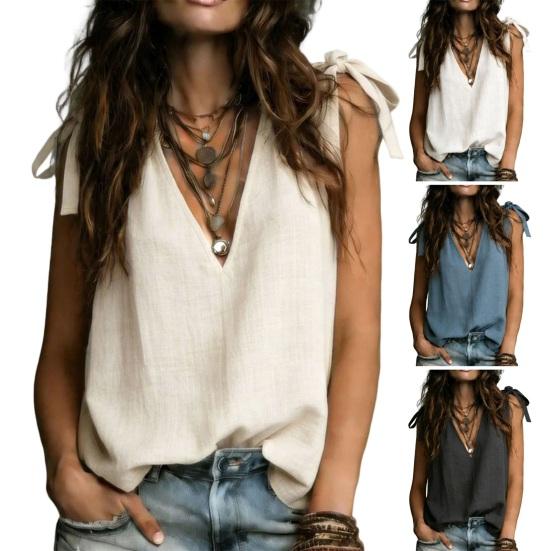 Top da Donna Scollo a V Senza Maniche Dettaglio Laccetto Tunica Bohemien con Laccio Colore Unico Tessuto Morbido Camicetta Casual