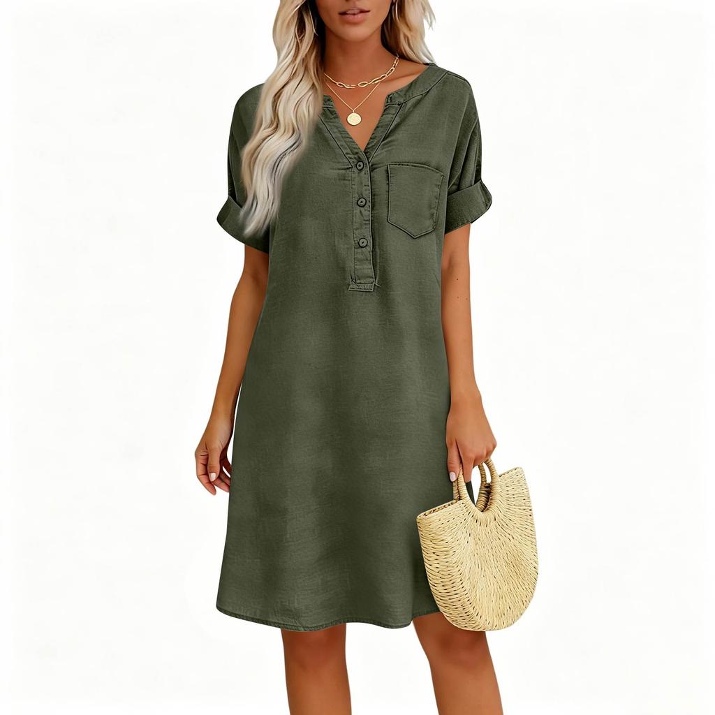 Lockeres V-Ausschnitt Kurzarm Hemdblusenkleid mit Knopfleiste und Taschen-Design Lässiges Sommerkleid für Damen Leinenmischgewebe