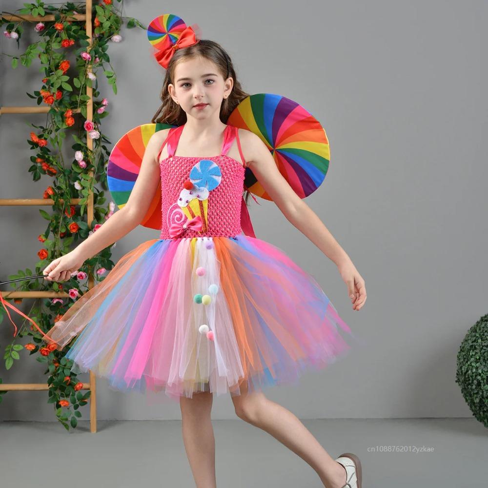 Rainbow Tutu Dress Cute Chicas Sweet Lollipop Cosplay Dress Up Purim Festival Celebration Costume Candy Design Enfant Clothes