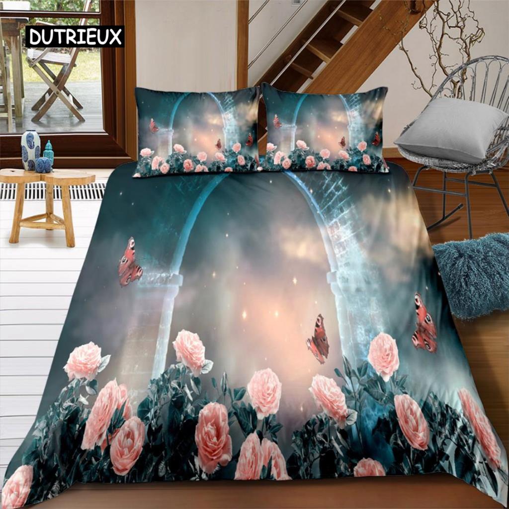 Landscape Duvet Cover Set Fake Window 3D Print Scenery Bedding Set Microfiber Landscape Waterfall Garden King Size Quilt Cover