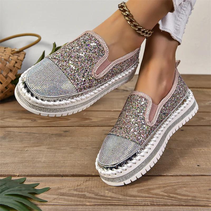 2024 New Sneakers Women Casual Shoes Fashion Rhinestone Crystal Platform Slip-on Women Flats Luxury Comfortable Women Sneakers