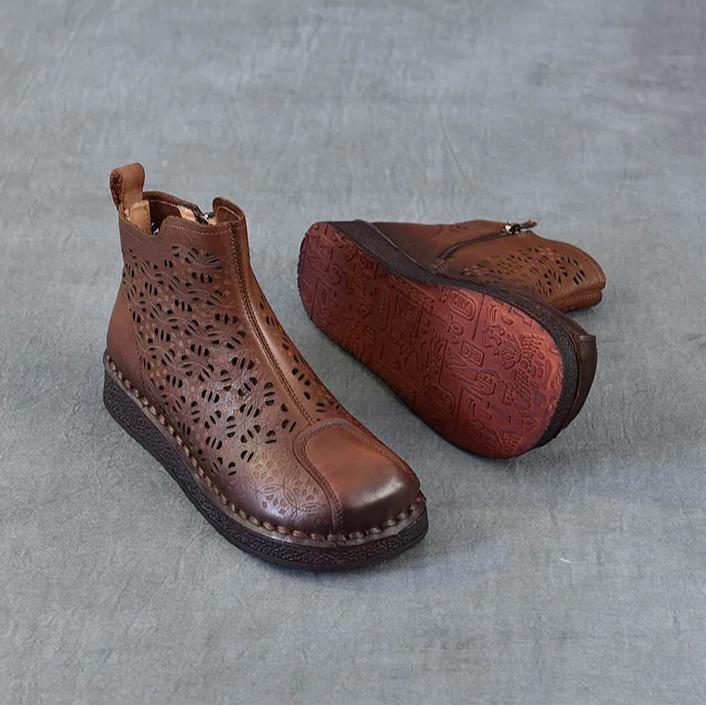 Johnature Ethnic Style Retro Soft Soled Hollow Out Boots Versatile Genuine Leather Flat Women's Sandals