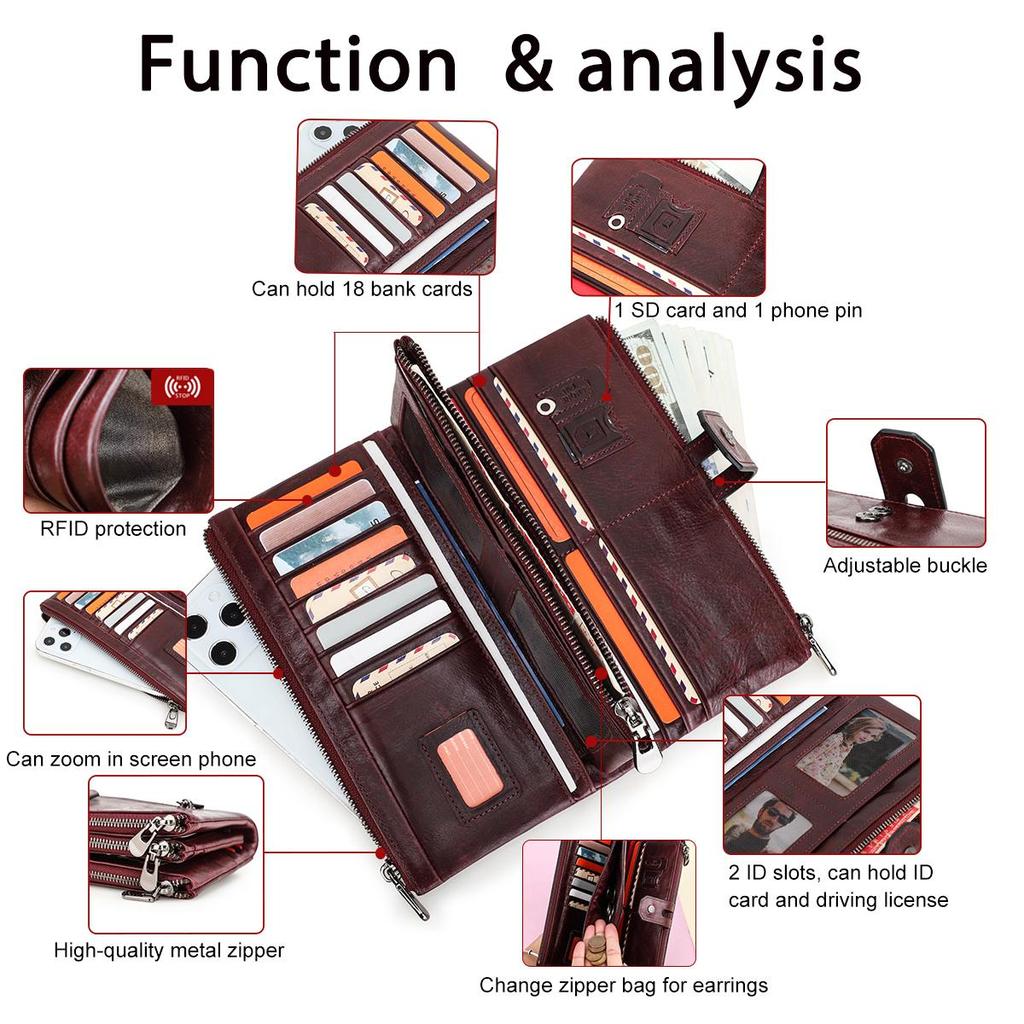 CONTACT'S Genuine Leather Wallet Long Clutch Bag For Women Zipper Phone Pocket Coin Purse Quality Card Holder