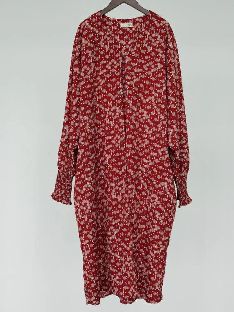 Johnature Kadın Baskı Çiçek Kırmızı Yarasa Kollu Elbise Vintage Pamuk Uzun Elbiseler Sonbahar Düğme Gevşek Kadın Uzun Elbiseler
