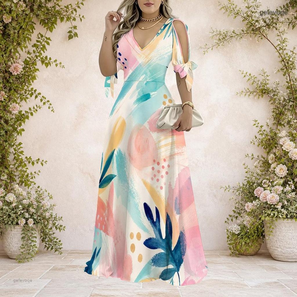 Women Plus Size V Neck Cold Shoulder Tie Cuffs Short Sleeve Black Beige Printed A Line Long Dress