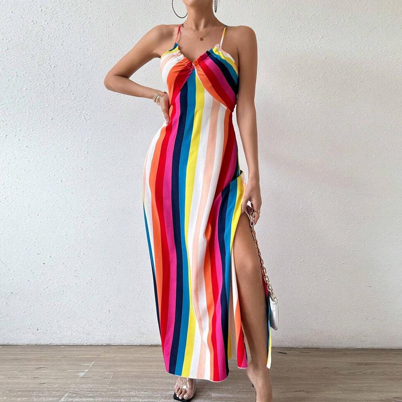 

Женские платья 2025 Лето Без рукавов Бретельки V-образный вырез Полосатое Женское Платье J886 XXL розовый