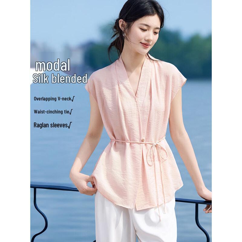Women s Elegant V-Neck Tie-Waist Blouse 2XL светло-розовый