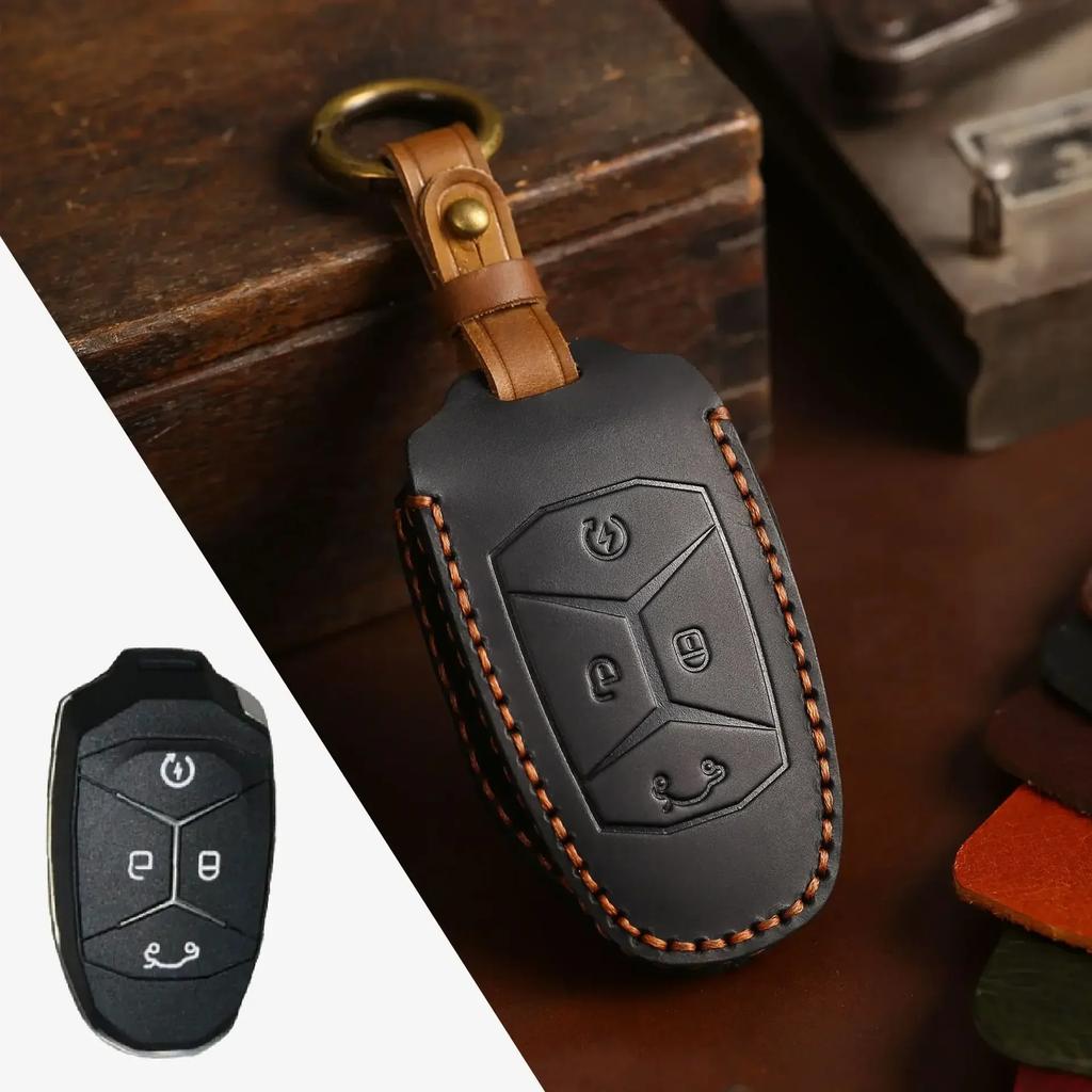 Leather car key case cover holder keychain shell bag for LYNKCO 01 02 03 05 06 09 4 button remote key full cover holder