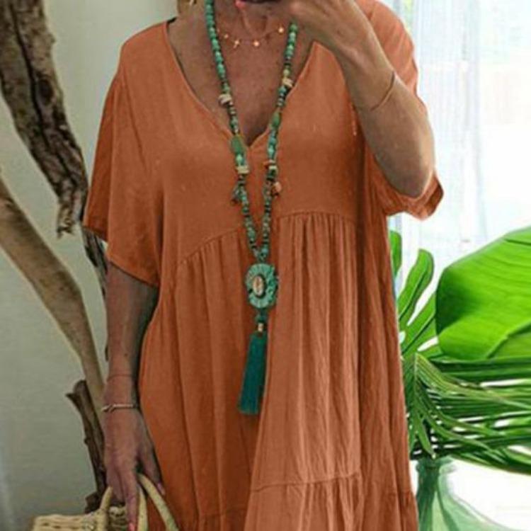 Women Loose V Neck Beach Dress Summer Casual Flowy Cotton Linen Maxi Swing Short Sleeve Tiered Dress