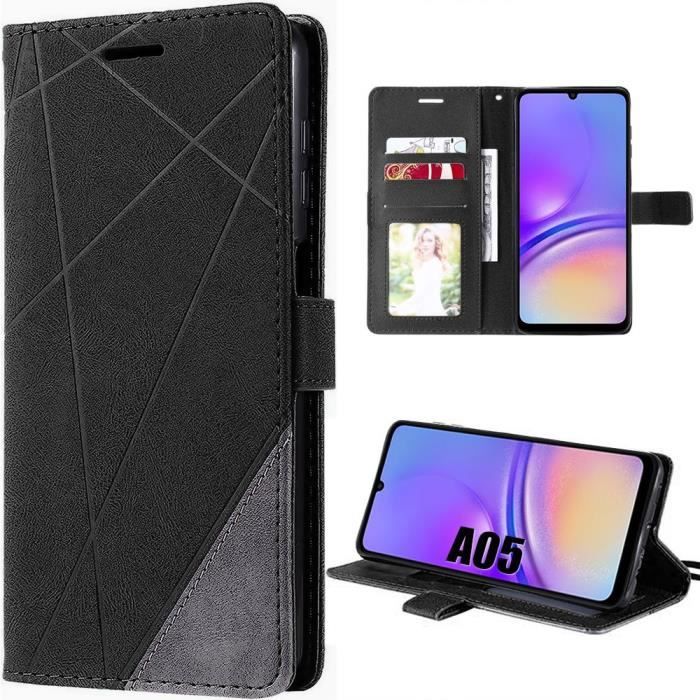 Coque pour Samsung Galaxy A05 - Noir - Cuir Synthétique Design linéaire Protection Intégrale Antichoc (pas pour Galaxy A05s)