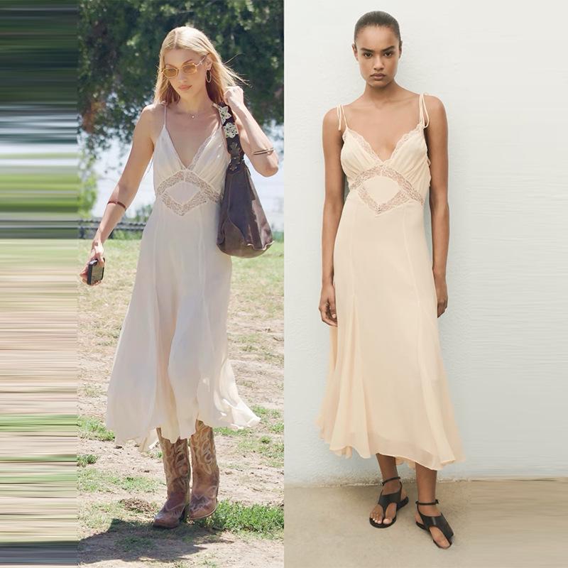 

В наличии: Летнее однотонное платье-комбинация с V-образным вырезом и кружевом - Сексуальный стиль с открытой спиной для отпуска Small абрикосовый