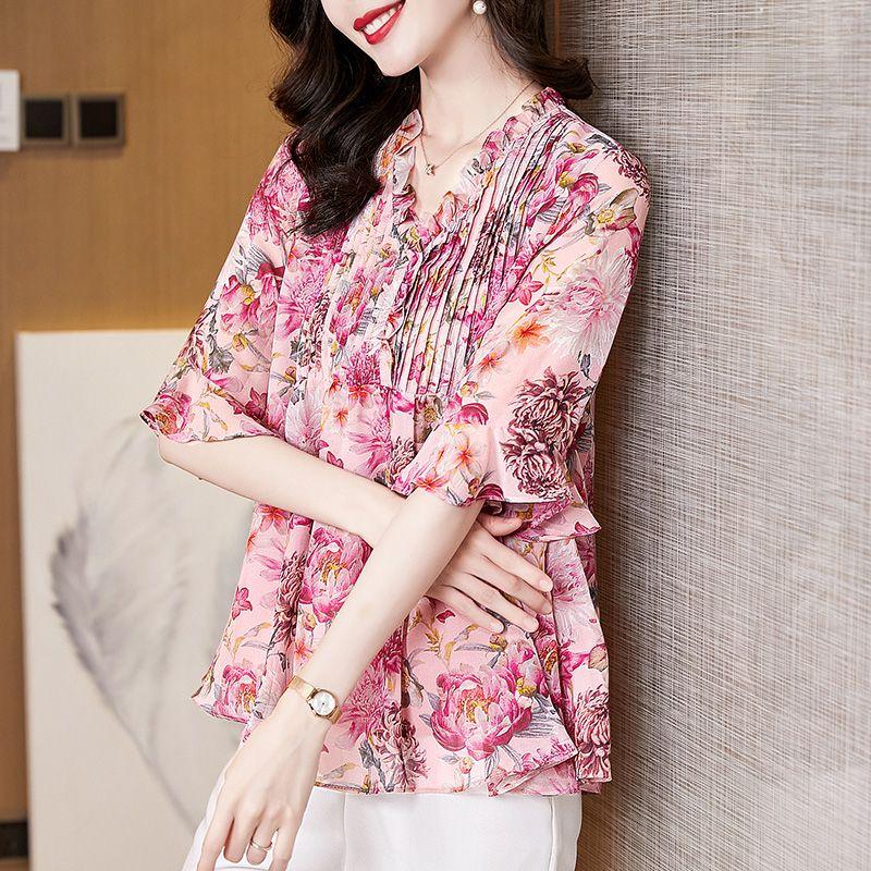 Elegant Fashion Casual Vintage Floral Printed Button Shirt Summer Autumn New V-Neck Half Sleeve Loose Tops Women's Clothing