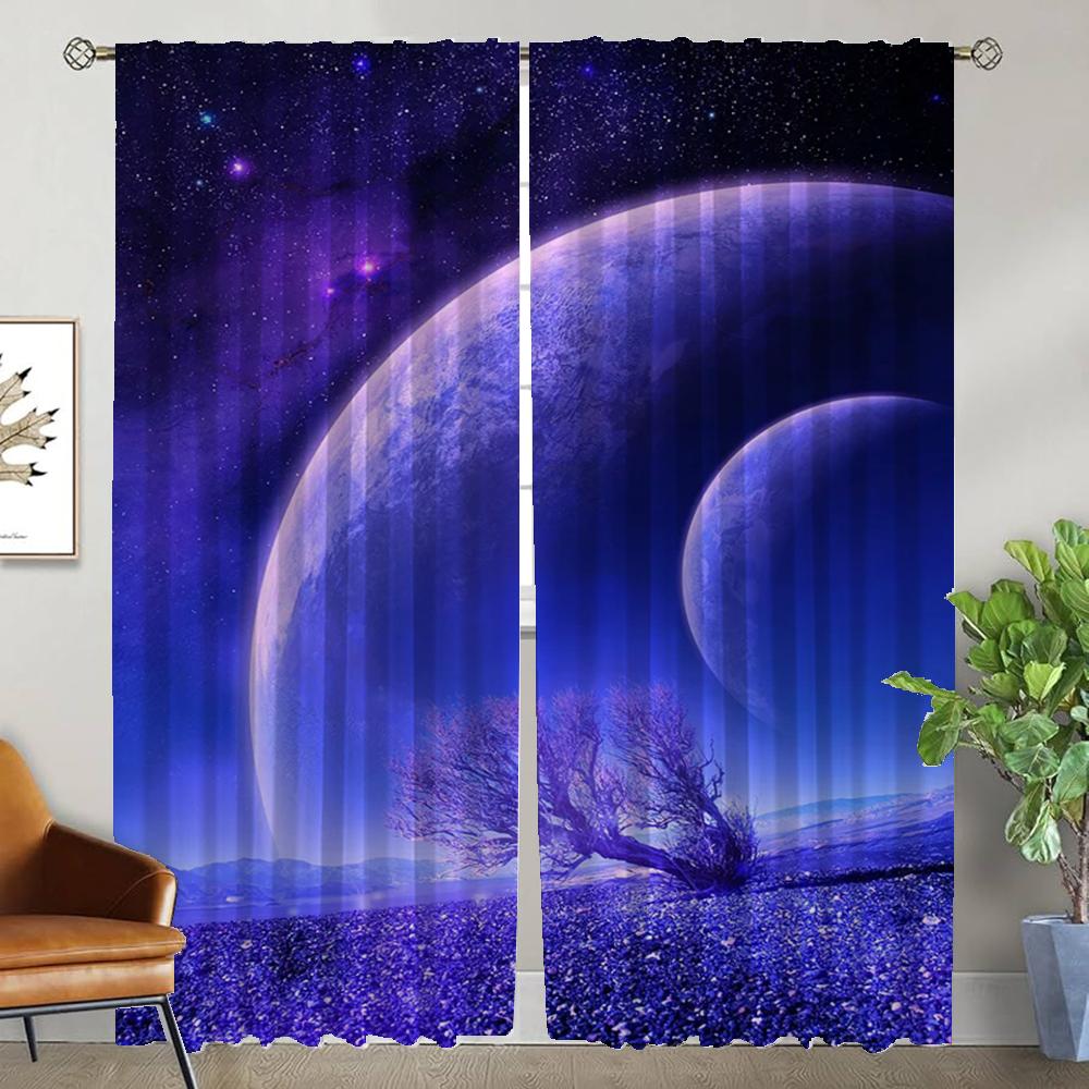 Cosmic Nebula Tulle for Bedroom Home Interior Curtains 2 Pieces Window Curtain Elegant Room Curtains Halloween Decoration Shades