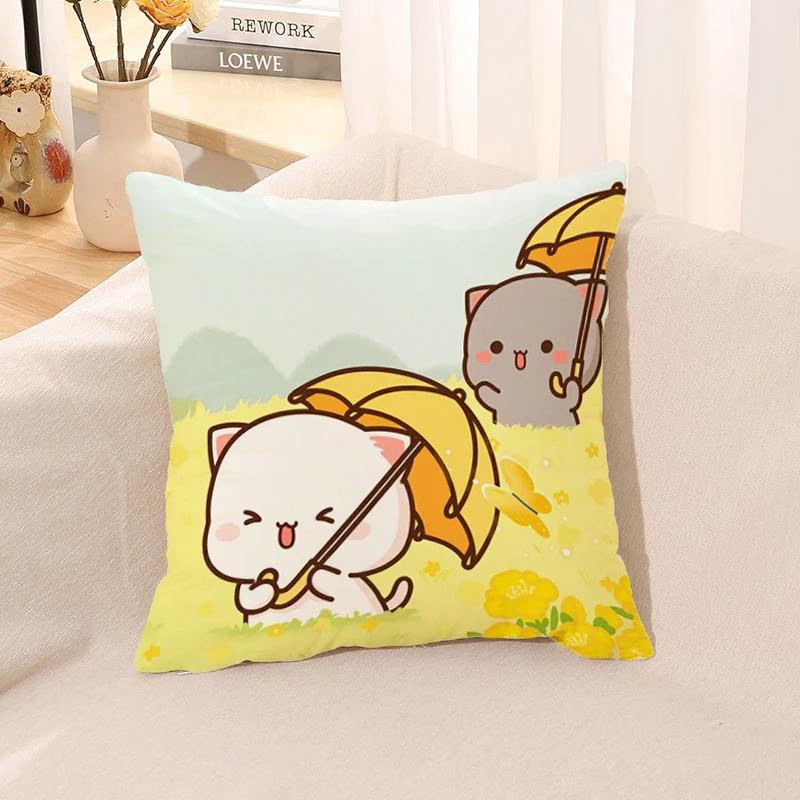 Pillow Cover Square Cushion for Bed Car Office Peach Mochi Cat Decorative Anime Room