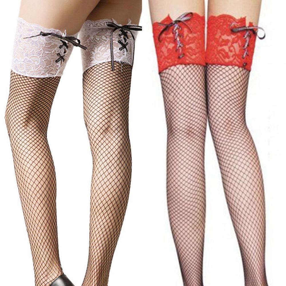 Plus Size Women Stockings Sexy White Lace Top Bandage Thigh High Hollow Fishnet Mesh Stockings Girls Pantyhose
