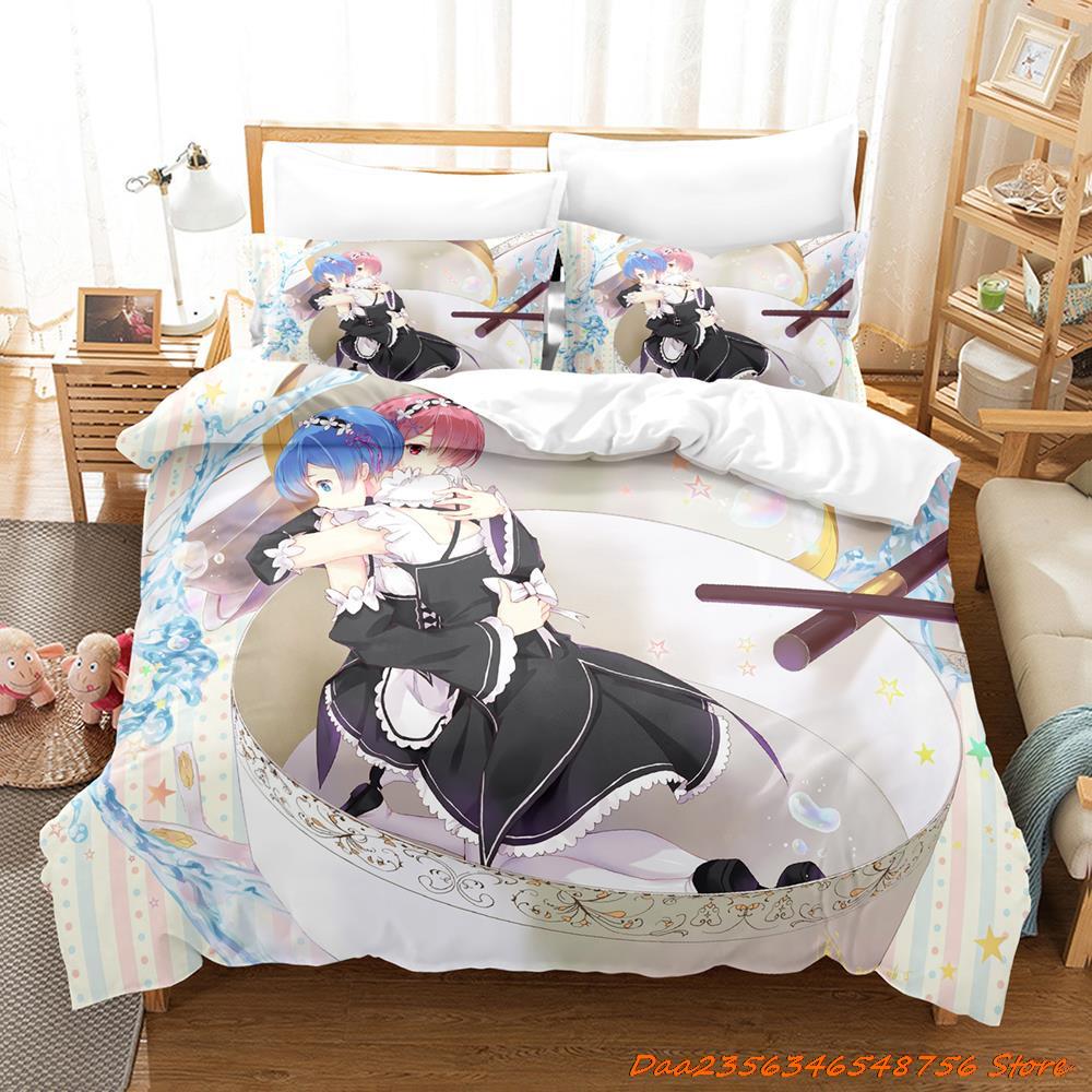 Comforter Re Zero Rem Ram Bedding Set Cartoon Anime Three-Piece Set Adult Kid Bedroom Duvet Sets 3D Kawaii Girl Twin Set