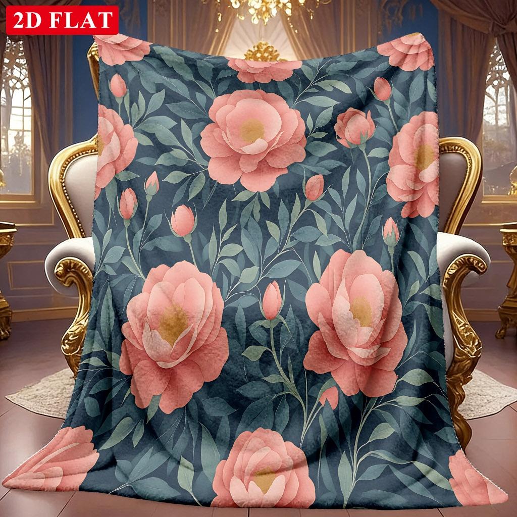 A 2D Coral-colored Floral and Green Leaf Themed Flannel Blanket with Soft High-definition Digital Printing, a Cooling Blanket Suitable for All Seasons
