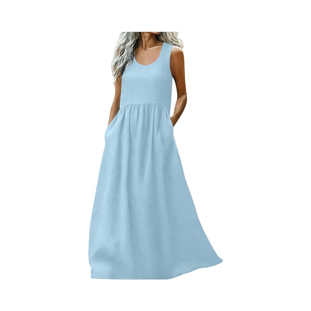 Dresses For Women Summer R-Neck Casual Sleeveless A Line Maxi Dress With Pockets