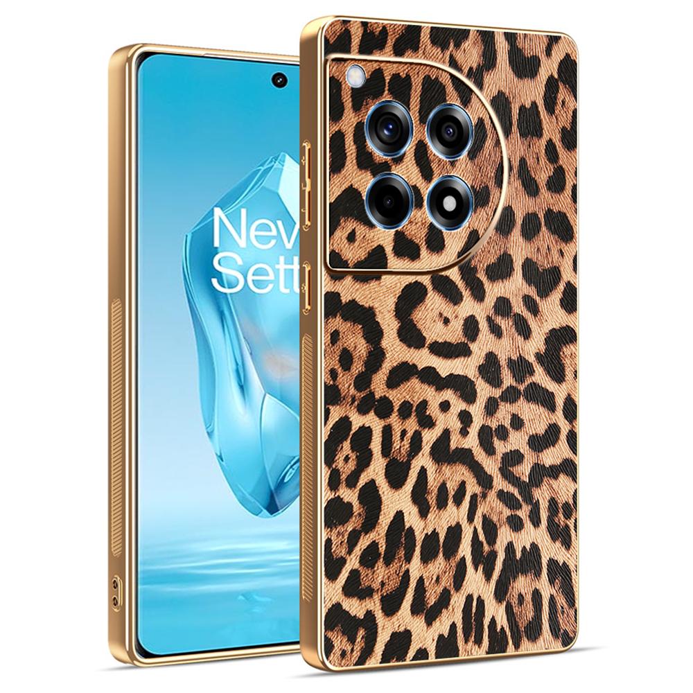 

For OnePlus 12R 5G Case Leopard Print PU Leather Coated PC+TPU Electroplating Phone Cover A