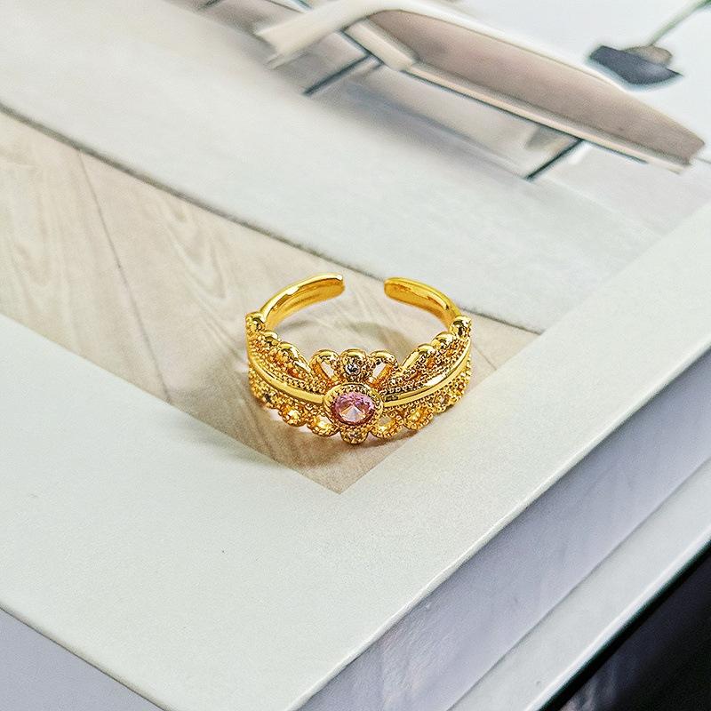 French Retro Temperament Pink Diamond Port Style Open Ring Female Cold Wind Niche High-End Feeling Stacked Index Finger Ring