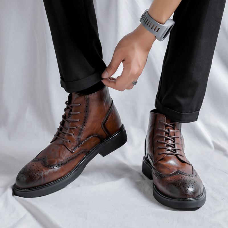 men's fashion genuine leather boots  designer carved brogue shoes black brown cowboy boot party banquet dress ankle botas