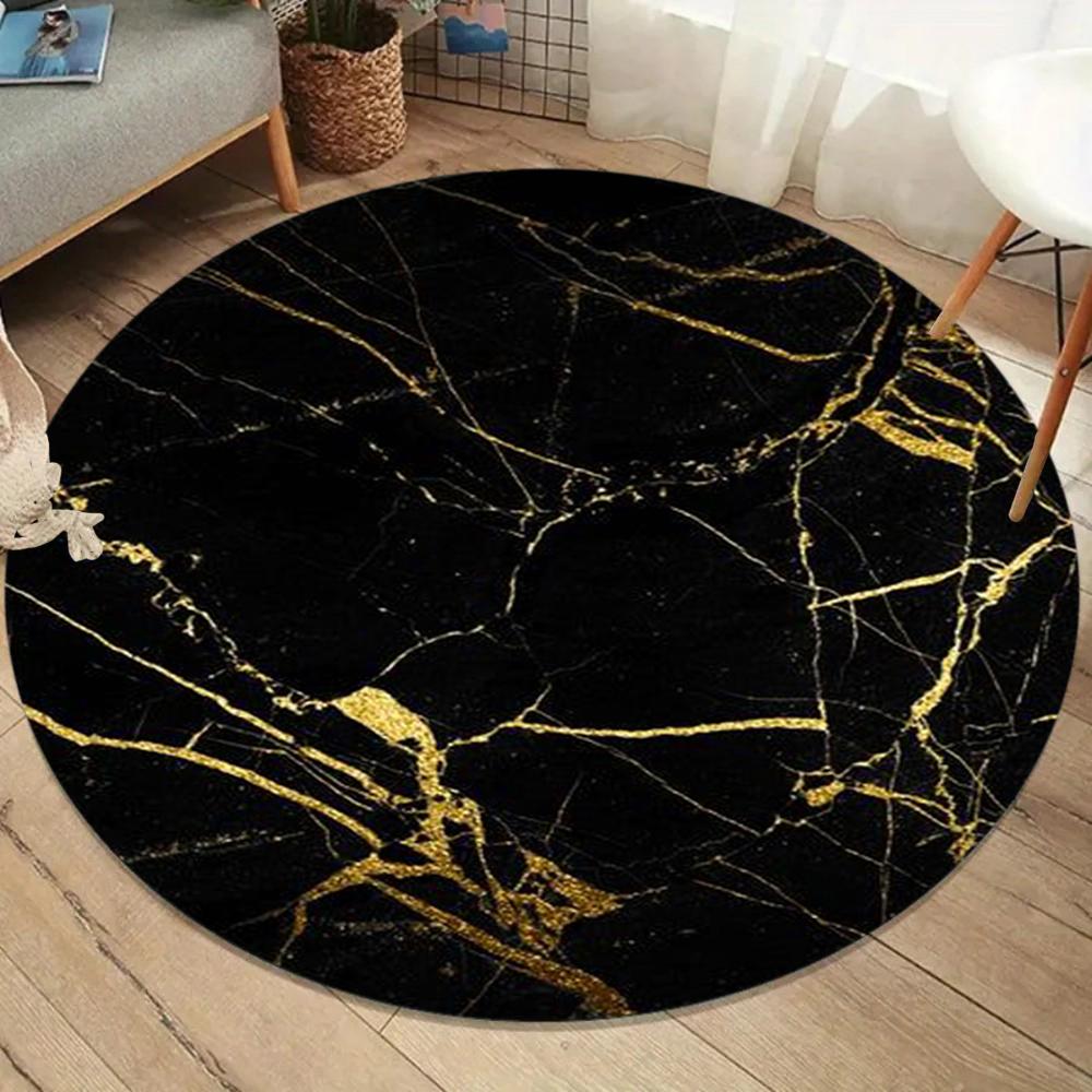 Premium Black Gold Veined Marble Round Rug Glittery Sparkle Carpet Non-Slip Large Area Rug for Living Room Bedroom Decoration