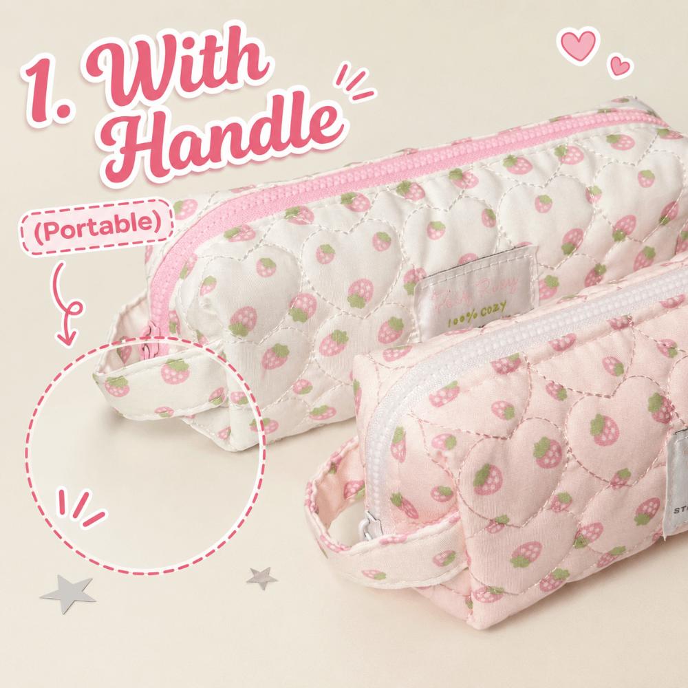 Durable Cream Strawberry Print Pencil Case Large Capacity Handheld Pen Bag Quilted Zipper Stationery Organizer Gift