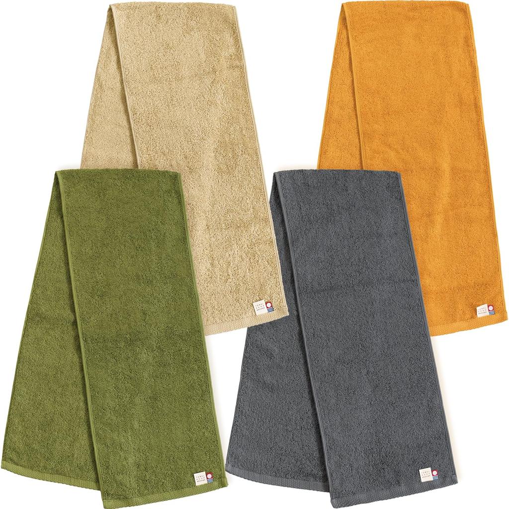 Bloom Imabari Towel Certified Muffler Towel 4-Piece Set: Field Sports Towel 22 x 100cm, Soft, Absorbent, Quick-Drying, Suitable for Indoor Drying and