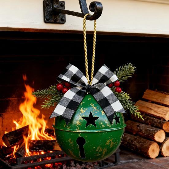 Christmas Bells Ornament Rustic Christmas Jingle Bell with Pine Needles Red Berries Plaid Bow Metal Sleigh Bell Farmhouse Xmas Tree Hanging Decor